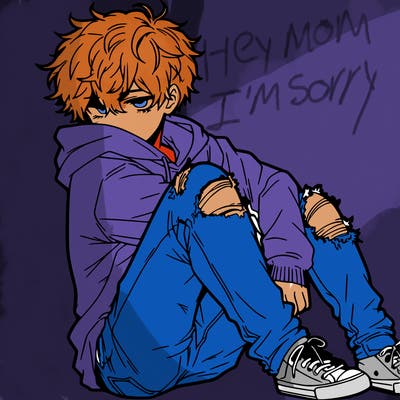 a male hoddie ripped jeans messy hair anime