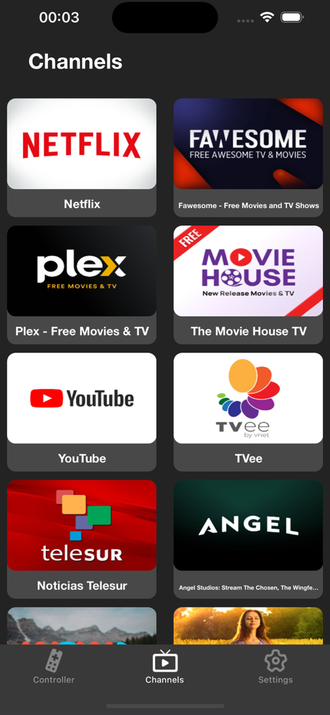 Remote Controller for TV - A mobile app screen titled Channels displaying various streaming service icons like Netflix and YouTube for easy TV control