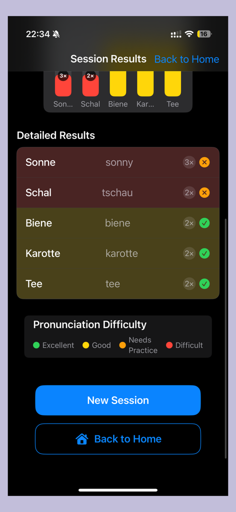 Accent Training - Vocabulary - Results screen showing pronunciation feedback and accuracy for practiced words