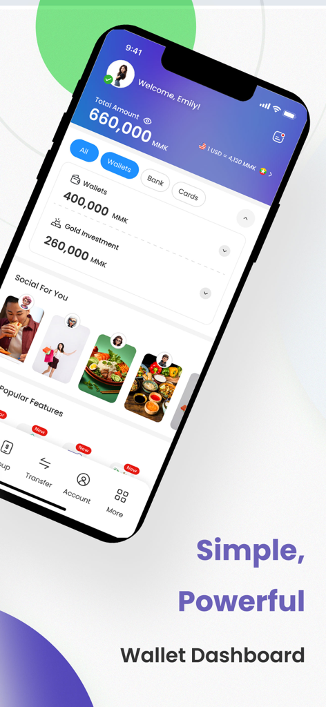 uabpay Mobile App Dashboard-Bildschirm, der den Kontostand in Myanmar Kyat und Wechselkurse anzeigt