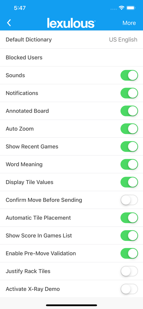 Lexulous Word Game - The settings menu of Lexulous Word Game displaying gameplay and dictionary options.