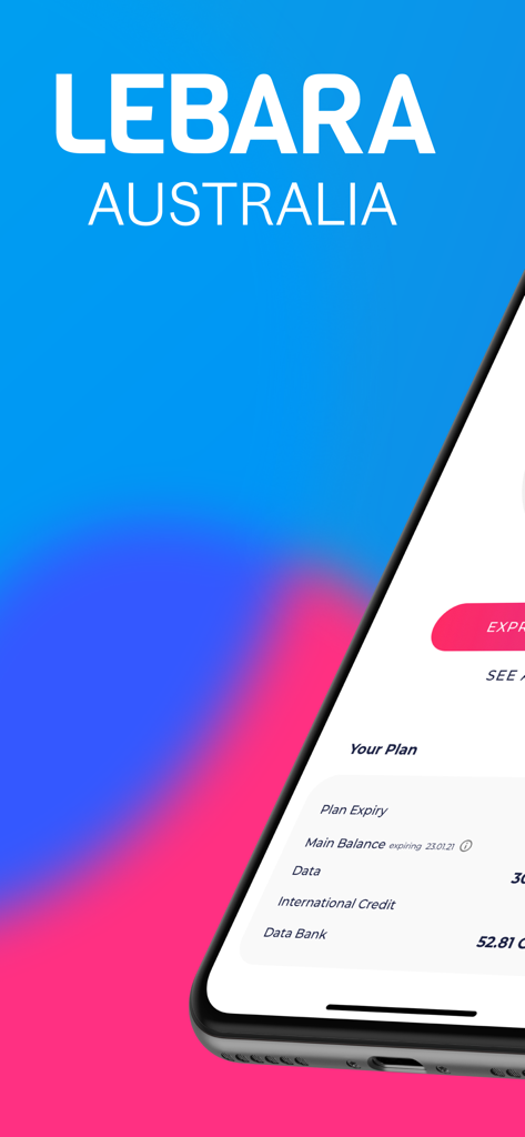 Lebara - Lebara Australia mobile app dashboard displaying data and credit balance on a smartphone.