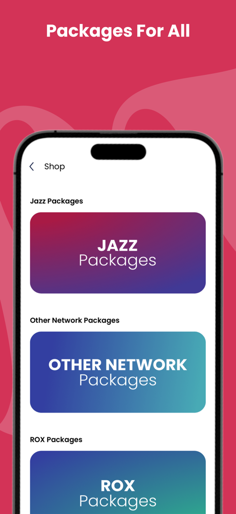 SIMOSA – Jazz World - Interface of the SIMOSA app showing options to shop for Jazz Other Network and ROX packages