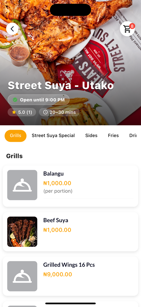 Interfaz de la aplicación EasyWay que muestra el menú del restaurante Street Suya con pollo y carne a la parrilla