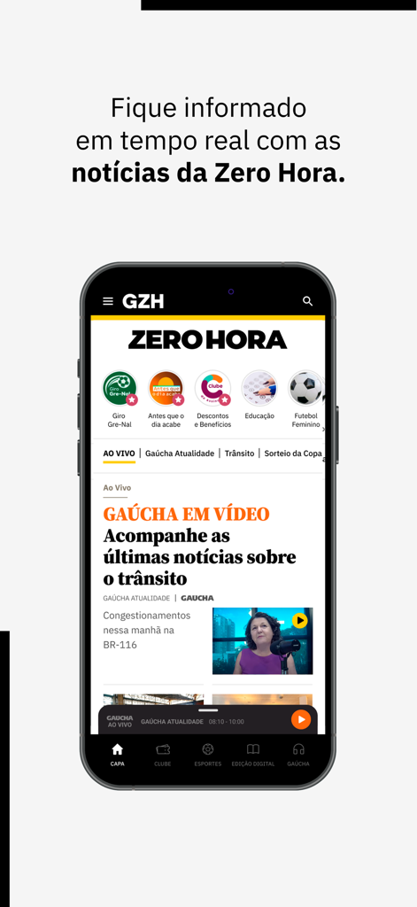 GZH: notícias RS - Smartphone screen showing the GZH app home feed with Zero Hora news and Gaúcha video content.