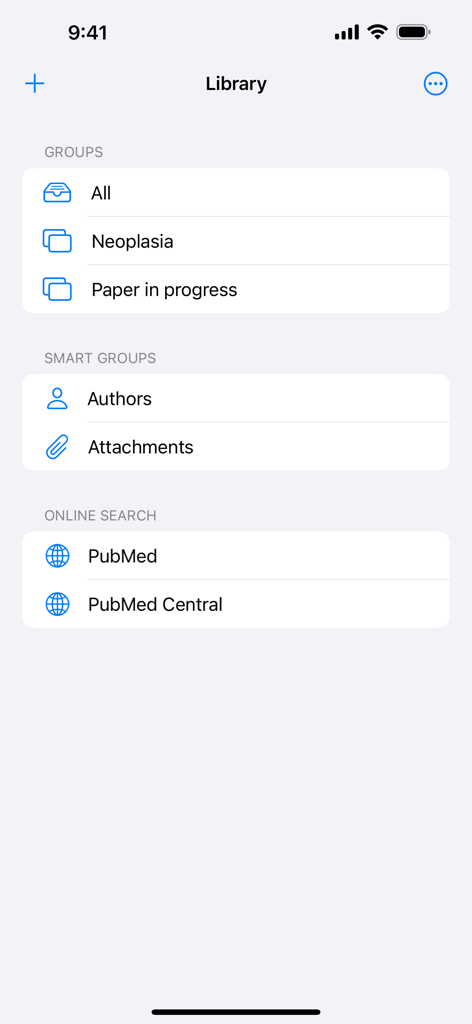 PubMed On Tapのライブラリダッシュボード。リサーチグループとオンライン検索オプションを表示しています。