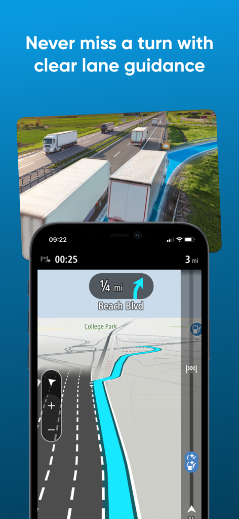 TomTom GO Expert truck navigation interface showing clear lane guidance for highway exits.