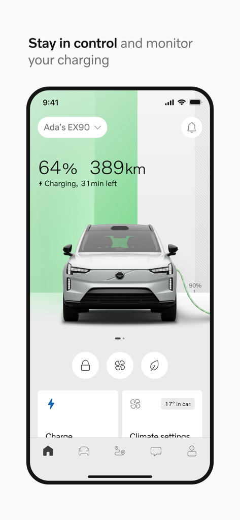 Volvo Cars - Volvo Cars app interface showing electric vehicle charging progress and battery range for an EX90 model