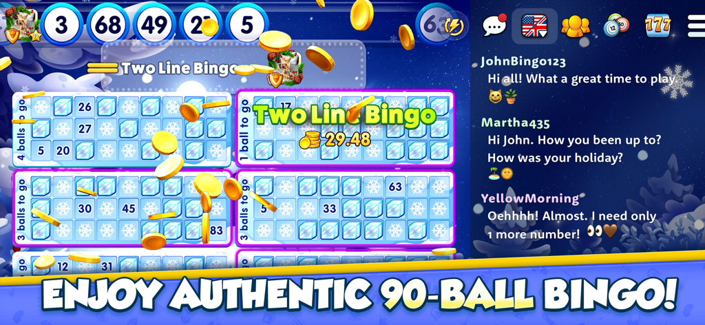 GamePoint Bingo Games of Bingo - A gameplay screenshot of GamePoint Bingo featuring 90-ball bingo cards, falling gold coins, and a live social chat window.