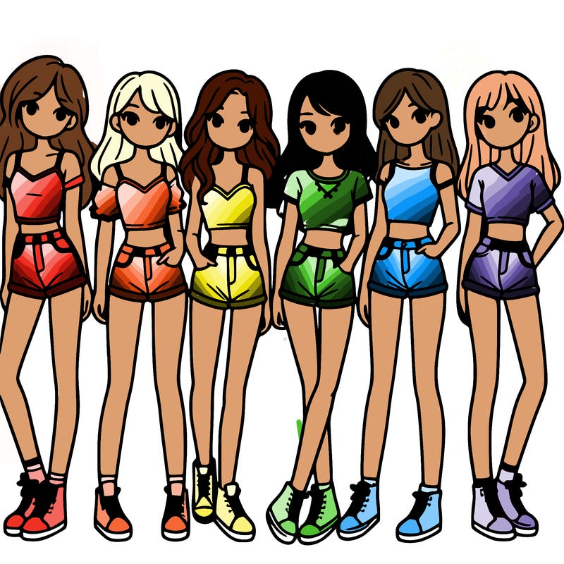 a group of girls wearing crop tops and shorts