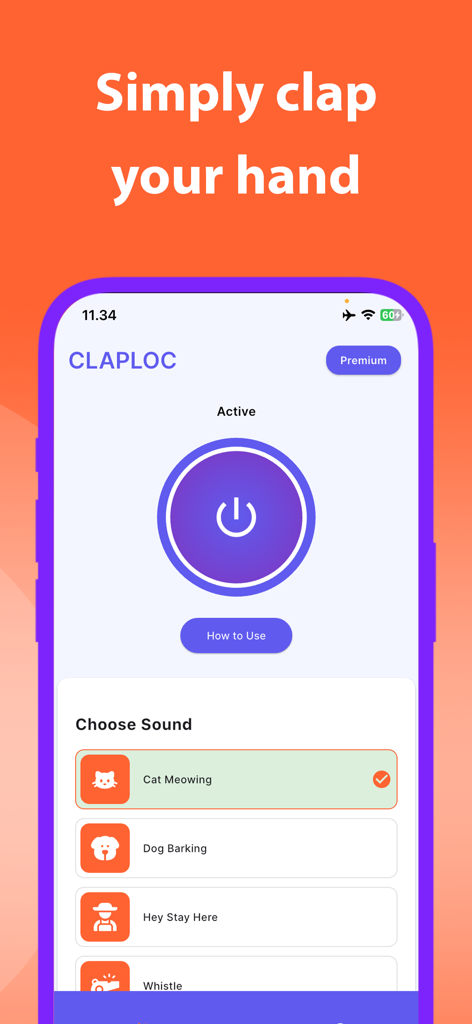 ClapLoc app interface showing the clap-to-find activation button and sound selection menu.