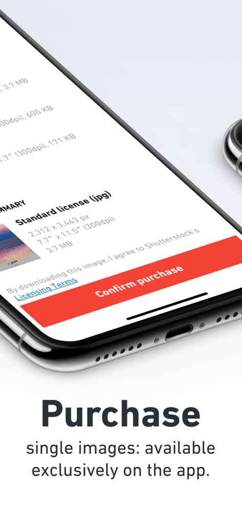 Shutterstock mobile app screen showing a purchase confirmation for a single stock photo license