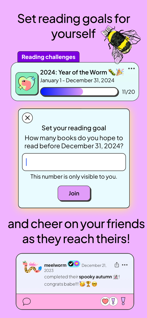 Bookworm Reads - Interface for setting reading goals and interacting with friends in the Bookworm Reads app
