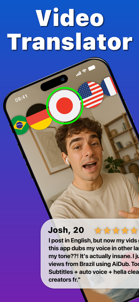Mobile App-Oberfläche für den AiDub Video Translator mit einem Content Creator und mehrsprachigen Flaggen