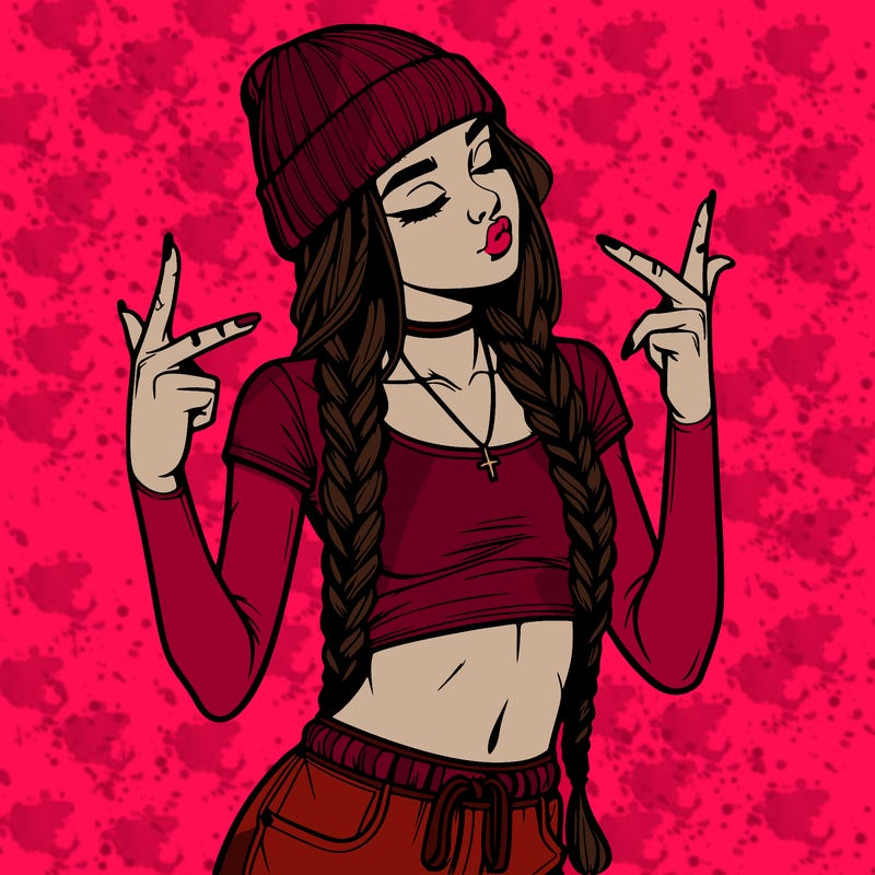 realistic teenage girl with braids and a beanie and crop top doing 🫶🏼
