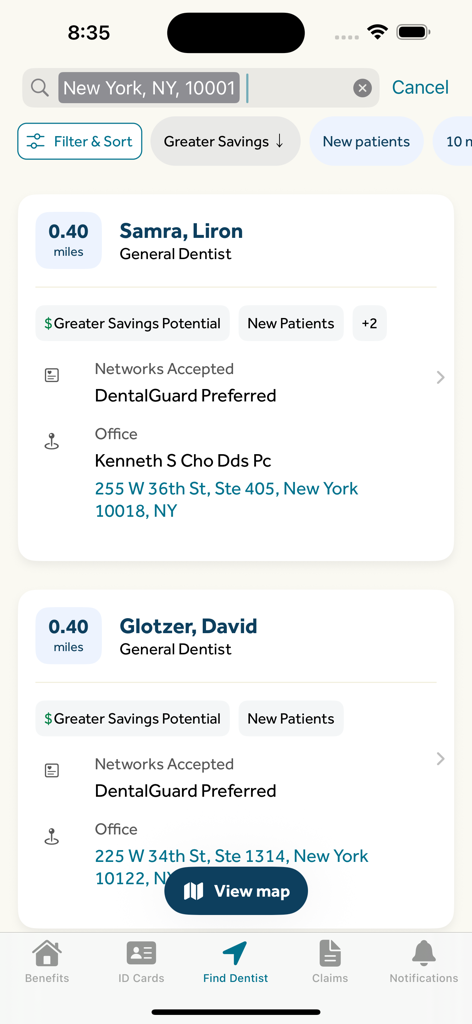Search results for general dentists in New York on the Guardian Dental and Vision app