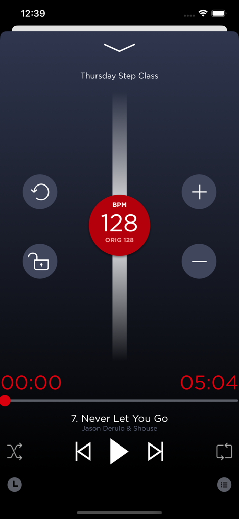 PowerMusicNow - A mobile app interface for PowerMusicNow showing a music player with 128 BPM tempo control for a fitness step class