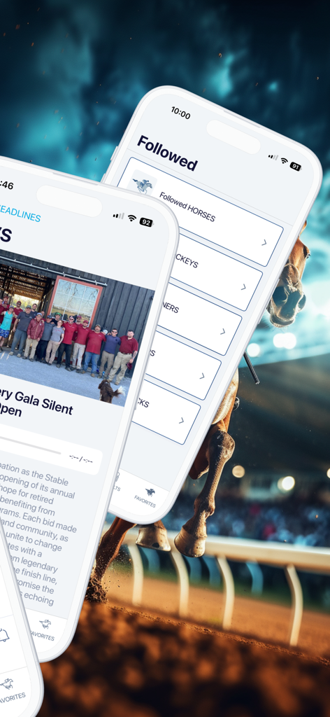 HorseRacesNow - Interface de l'application HorseRacesNow affichant la liste des chevaux suivis et un article d'actualité sur un gala hippique