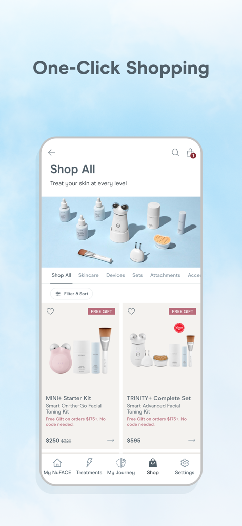 NuFACE mobile app shopping interface featuring facial toning kits and skincare products