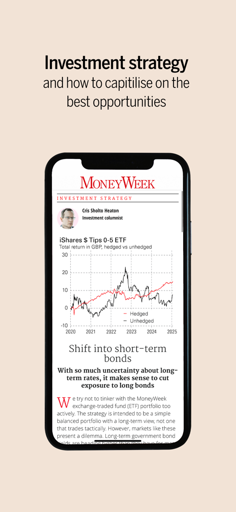MoneyWeek app screen displaying an investment strategy article about short term bonds with a performance comparison graph