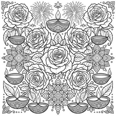 Discover the festive elegance of our Hybrid Tea Roses and Diwali coloring page, blending beautiful blooms with traditional festive elements. This intricate design offers a calming and creative escape, perfect for celebrating the festival of lights.