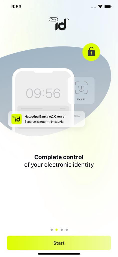 OneID - Welcome screen of OneID app displaying digital identity control features and biometric Face ID authentication