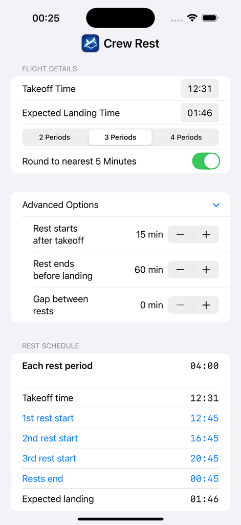 Crew Rest - Crew Rest app screen showing a three-period rest schedule for a long-haul flight
