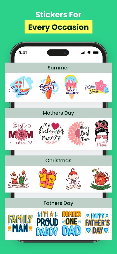 Designs For Cricut Space - A collection of stickers for various occasions like Summer Mother's Day and Christmas on a mobile app interface