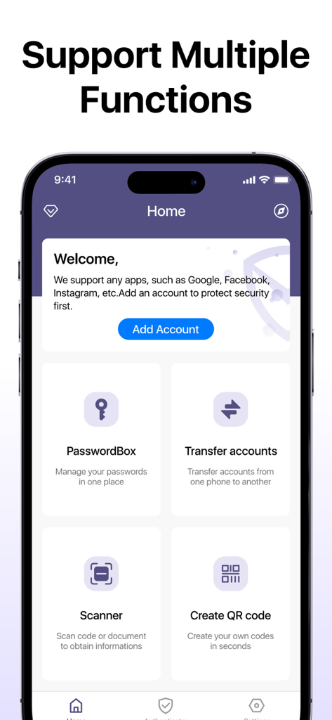 Panel de la aplicación de autenticación que muestra funciones de seguridad como transferencia de cuentas de cuadro de contraseña y escáner QR