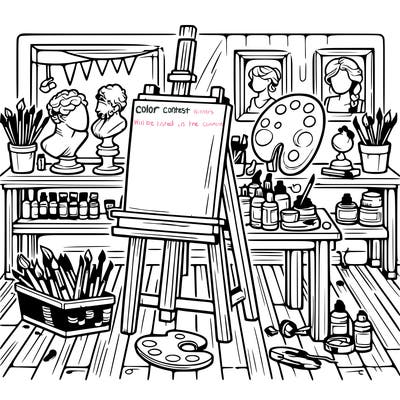 an art studio with canvases, paints, and sculptures