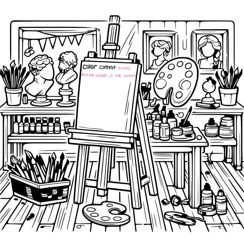 an art studio with canvases, paints, and sculptures