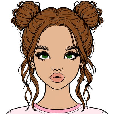 realistic girl with two buns in hair and lips