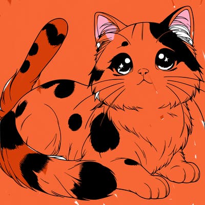 realistic white anime cat with orange and black spots with cute eyes