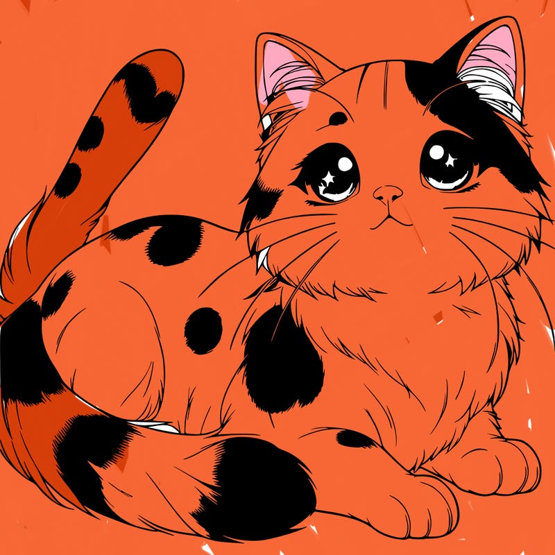 realistic white anime cat with orange and black spots with cute eyes