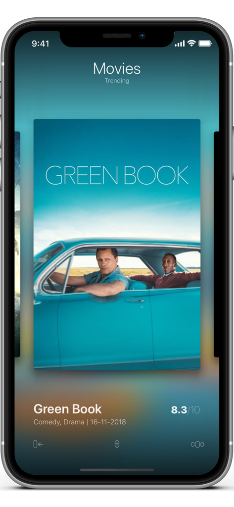 The Movie Finder app interface displaying the trending movie Green Book with its rating and details