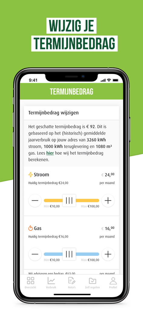 Greenchoice - Pantalla de la aplicación Greenchoice que muestra controles deslizantes para ajustar los montos de pago mensuales de electricidad y gas