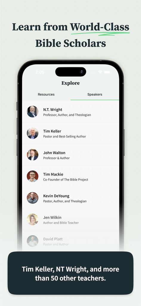 SparkBible: Bible Study - Pantalla de la aplicación móvil mostrando una lista de eruditos y teólogos bíblicos de clase mundial como Tim Keller y NT Wright para estudio en profundidad