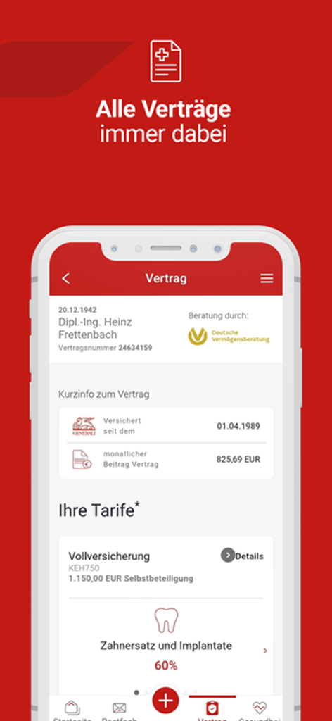 Generali health insurance app displaying contract and tariff details