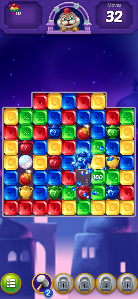 Pantalla de jugabilidad de Jewel Pop Treasure Island mostrando joyas coloridas, potenciadores especiales y la mascota nutria marina.