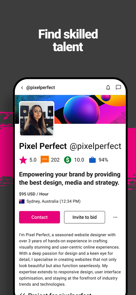 Freelancer - Hire & Find Jobs - Un perfil de freelancer en la aplicación Freelancer que muestra a un diseñador web llamado Pixel Perfect con una calificación de cinco estrellas