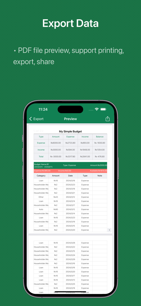 Simple Budget - Save Money - Simple BudgetアプリのPDF財務レポートエクスポート画面のプレビュー