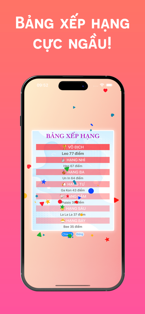 Leaderboard screen of the Ghi diem bai app showing player rankings and scores for a card game