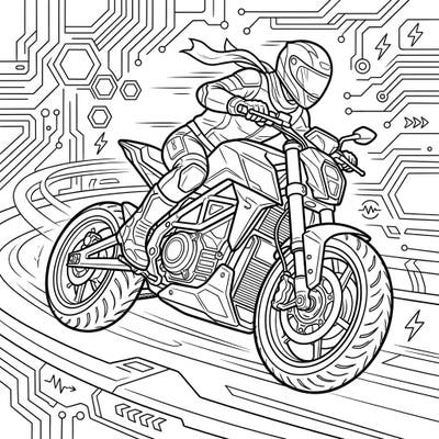 Ignite your imagination with this exciting electric motorcycle coloring page, featuring a sleek rider zooming through a futuristic circuit. Perfect for fans of speed, technology, and dynamic designs, offering a thrilling creative challenge.