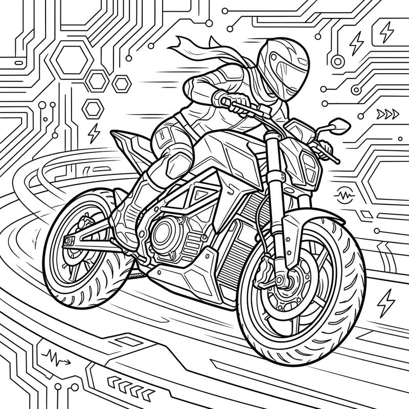 Ignite your imagination with this exciting electric motorcycle coloring page, featuring a sleek rider zooming through a futuristic circuit. Perfect for fans of speed, technology, and dynamic designs, offering a thrilling creative challenge.