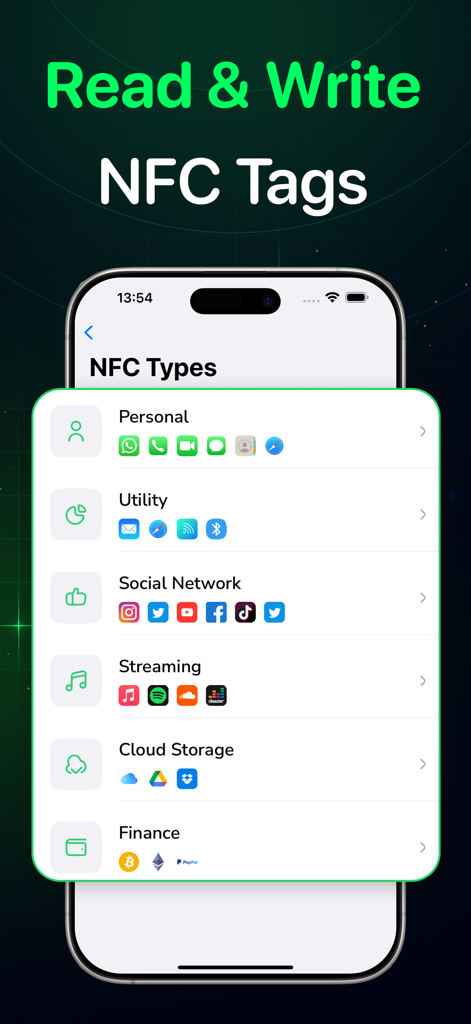 NFC Tools & RFID Scanner - Interface of NFC Tools app showing different categories for writing NFC tags such as personal, utility, social networks, and finance.