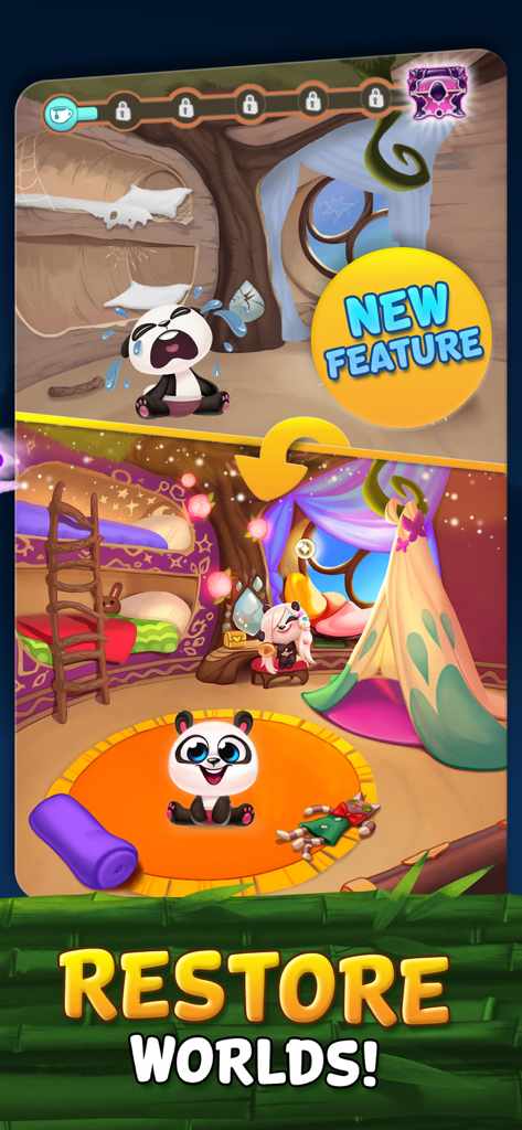 Comparação de antes e depois de um quarto de filhote de panda sendo restaurado no jogo Panda Pop.