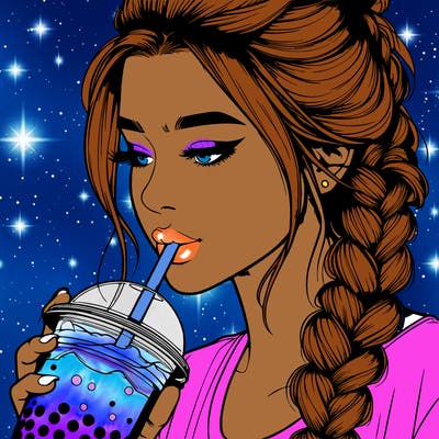 realistic girl drinking boba tea with braided hair