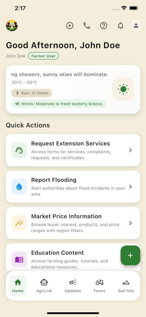 FarmersConnectGY - 날씨 업데이트와 확장 서비스, 시장 가격, 홍수 보고서에 대한 빠른 작업을 보여주는 FarmersConnectGY 앱 대시보드