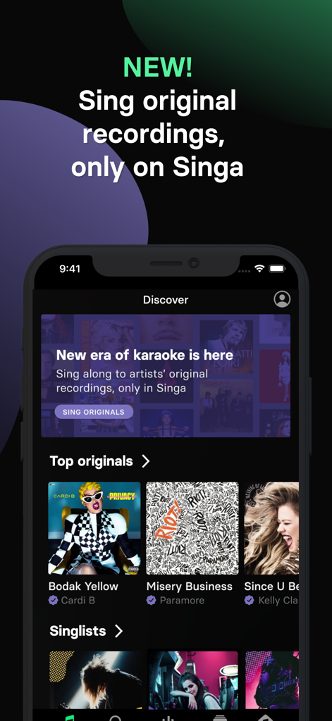 Singaカラオケアプリのディスカバースクリーン。人気アーティストのオリジナル録音を特集。