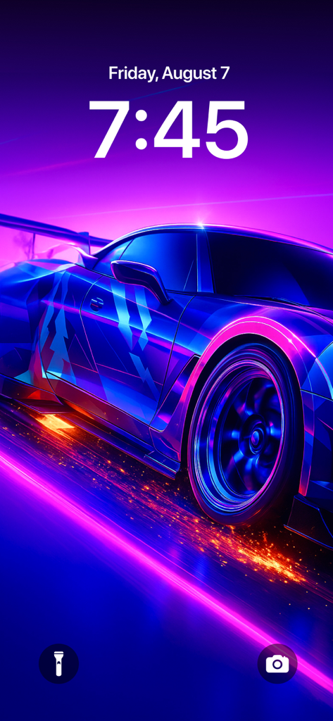 Walp - Full HD 4K Wallpapers - Pantalla de bloqueo de iPhone que muestra un fondo de pantalla de coche deportivo de neón azul y morado de alta calidad de la aplicación Walp